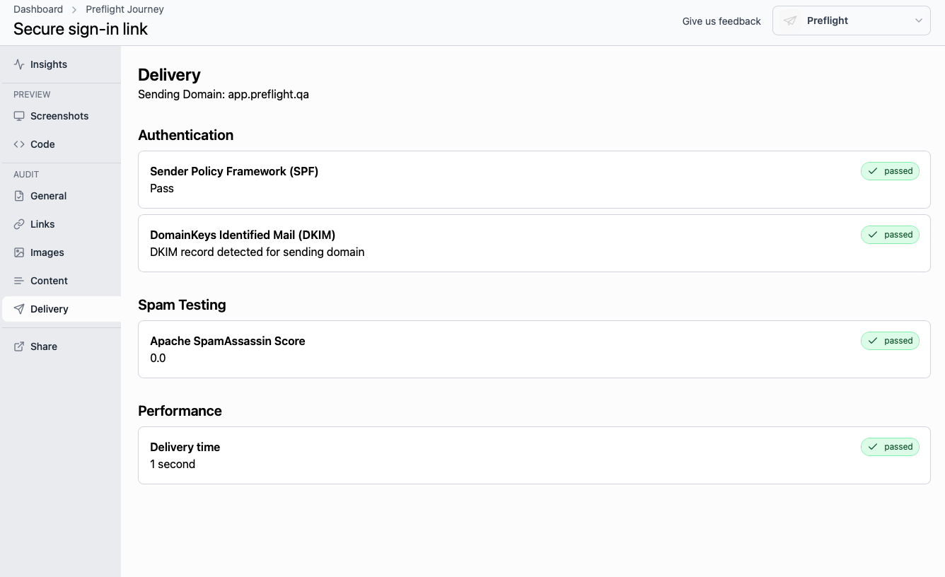 Product screenshot containing delivery audit information