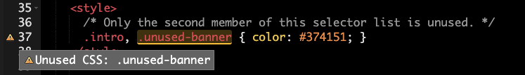 An unused CSS warning highlighting the selector that does not match any email content.