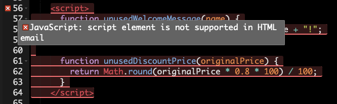 An email HTML editor showing a JavaScript warning on a script element.