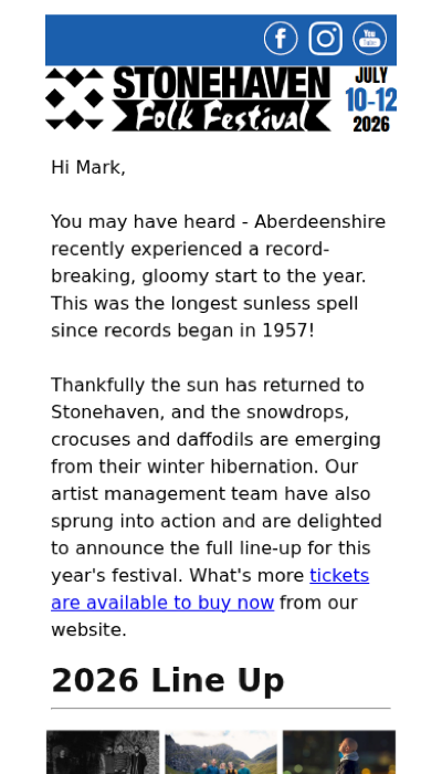 'Dark mode' screenshot of an email advertising the Stonehaven Folk Festival. Text is black on a white background.