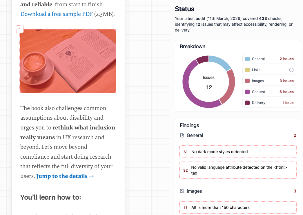 Screenshot of Email Insights summarising QA findings for an email campaign